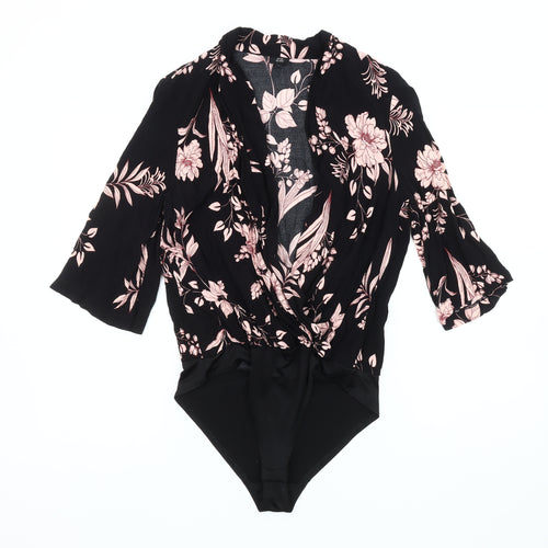 River Island Women's Black Pink Floral Bodysuit Size 10