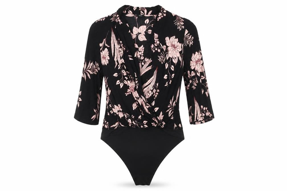 Front view of River Island Women's Black Pink Floral Bodysuit, size 10