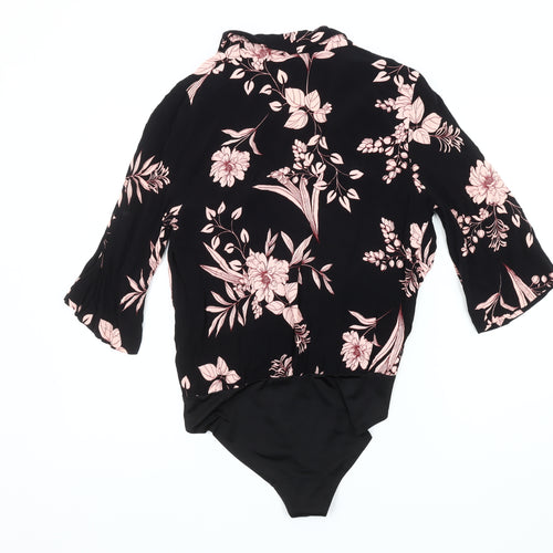 River Island Women's Black Pink Floral Bodysuit Size 10