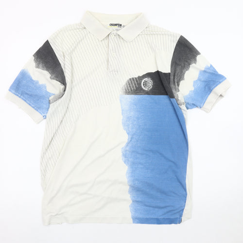 Champion Men's Blue Graphic Print Polo Shirt - L
