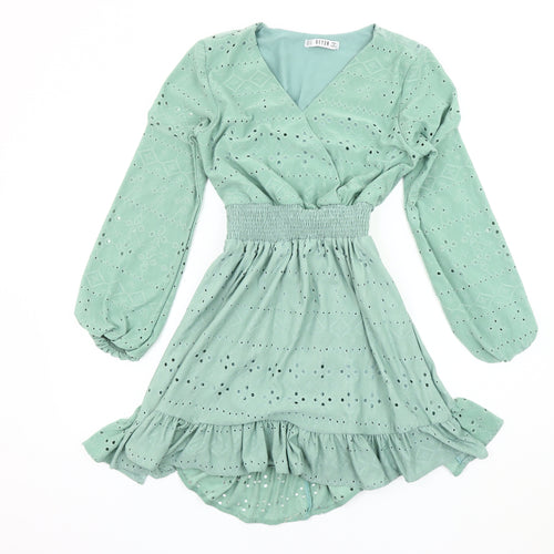 REYON Green Wrap Dress Women M Long Sleeve Ruffle