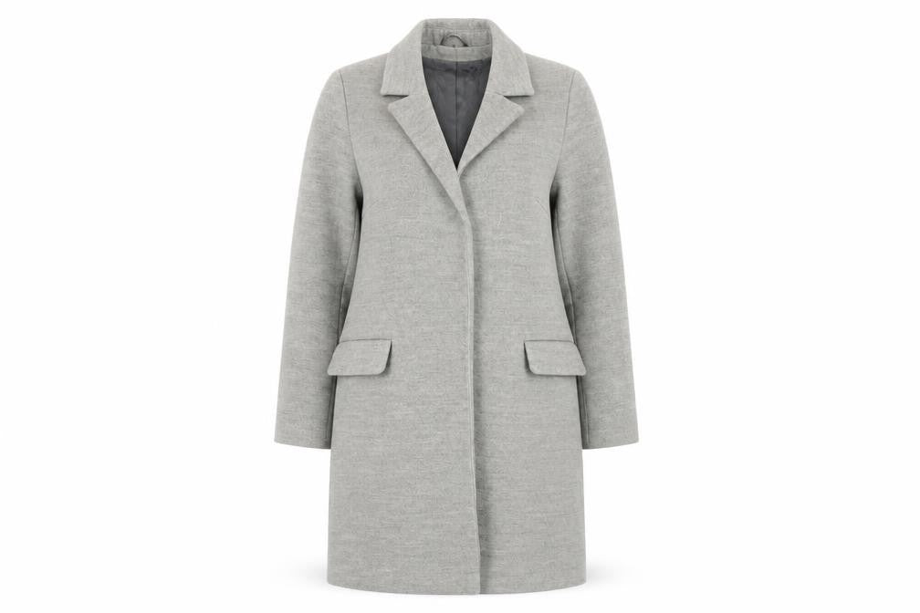 Front view of Topshop Women's Grey Wool Overcoat, size 8, Lined