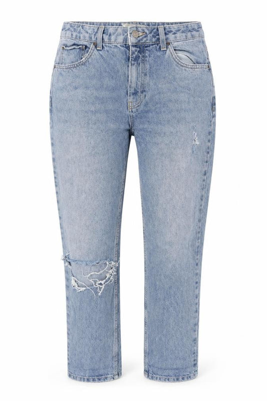 Front view of Topshop Women’s Blue Mom Jeans with Distressed Details