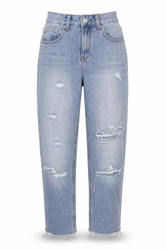 Front view of PRETTYLITTLETHING Women's Blue Petite Distressed Jeans
