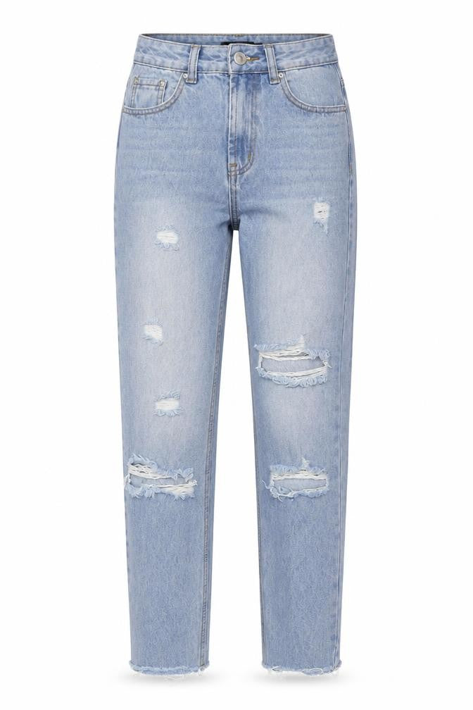Front view of PRETTYLITTLETHING Women Blue Distressed Mom Jeans 2XS