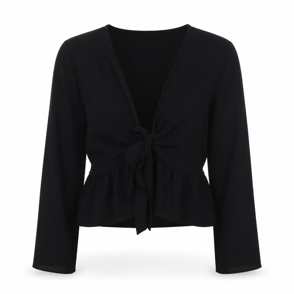 Front view of New Look Women's Black V-Neck Wrap Blouse, size 12