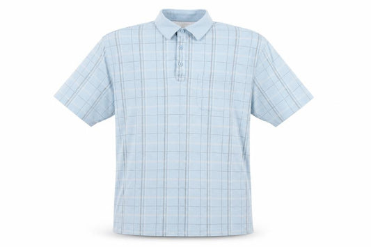 Front view of Carabou Men's Blue Check Polo Shirt, size L, Casual Classic