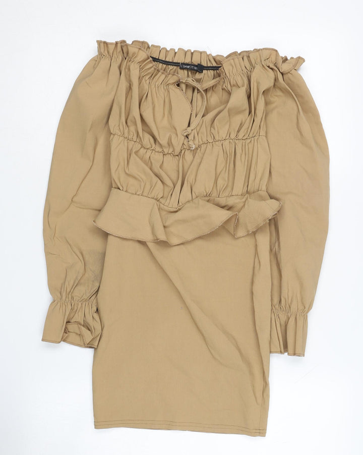 I Saw It First Women's Beige Off Shoulder Ruffle Dress, Size 6