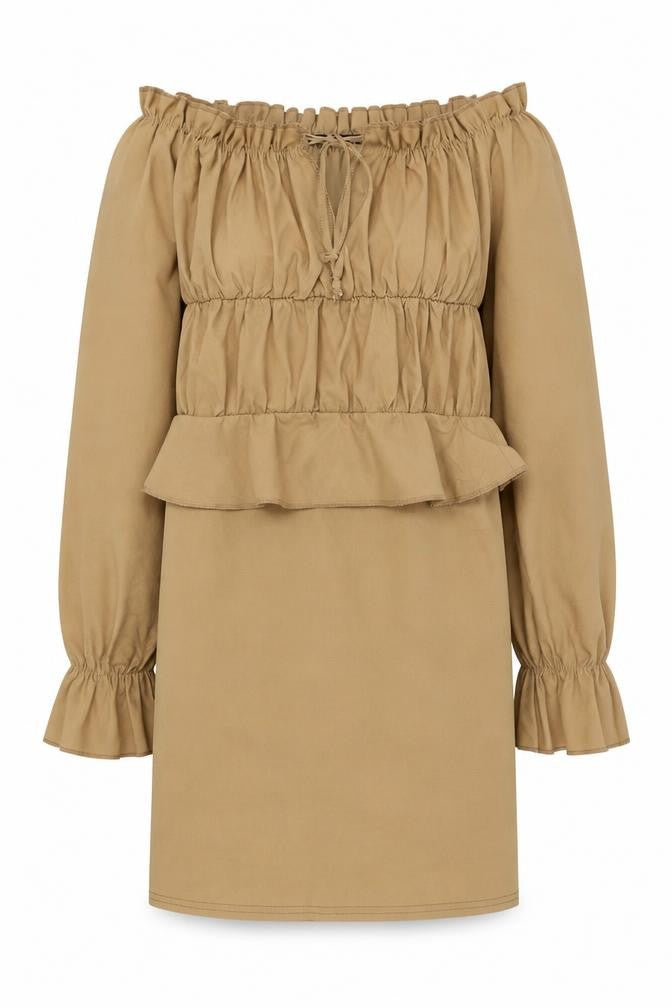 I Saw It First Women's Beige Off Shoulder Ruffle Dress, Size 6