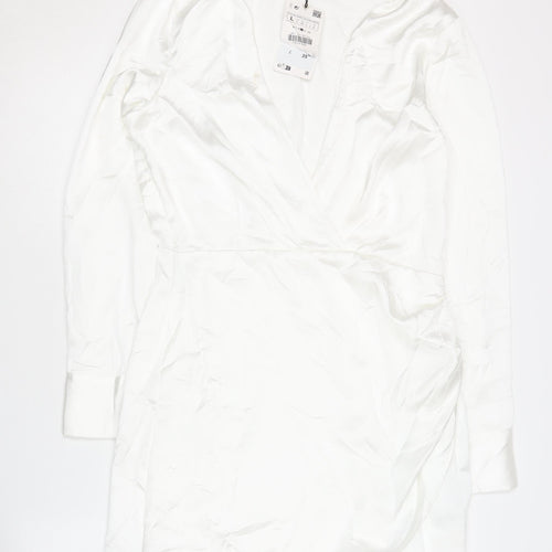 Zara Women's White Long Sleeve V-Neck Dress Size 12
