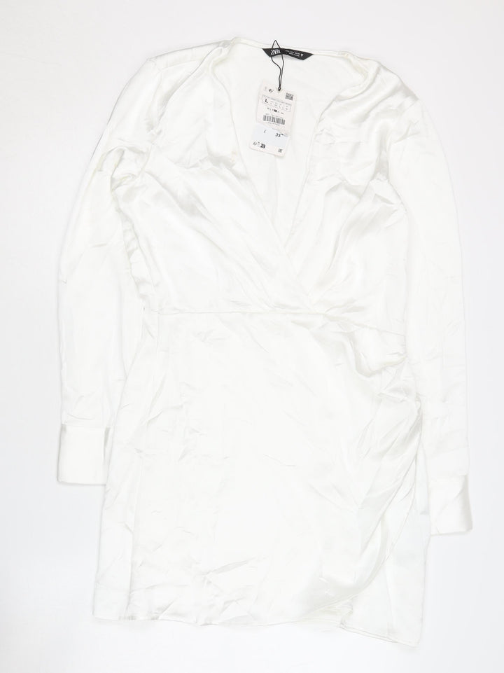 Zara Women's White Long Sleeve V-Neck Dress Size 12