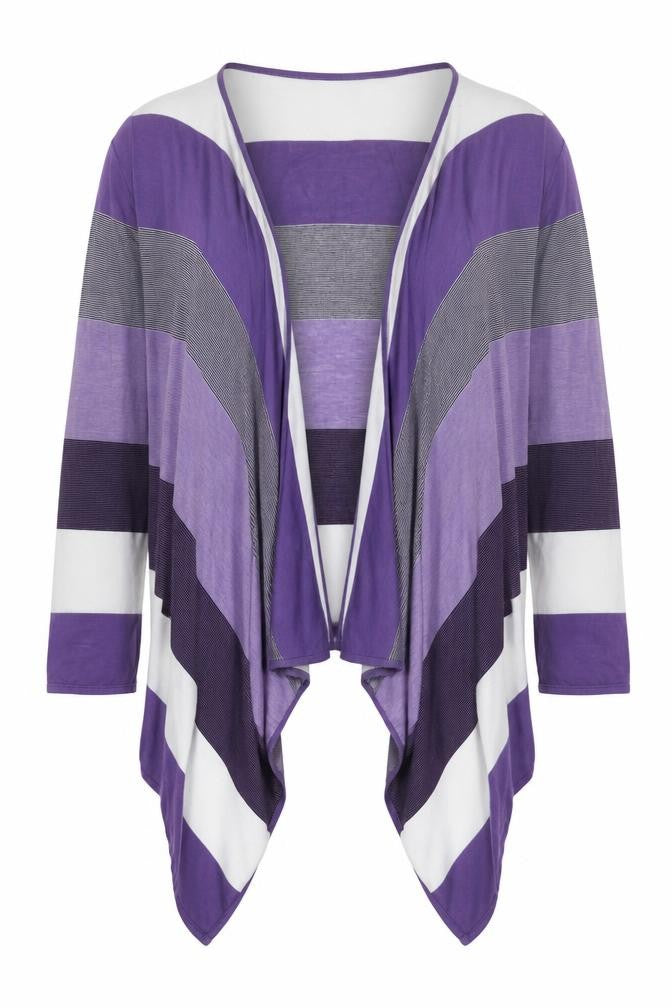 Front view of Marks & Spencer Women's Purple Striped Open Front Cardigan, size 14