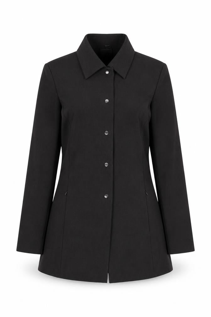 Front view of Karelia Women's Black Blazer, size 14, Long Sleeve