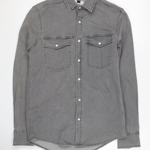 Topman Men's Grey Denim Button-Up Shirt XS