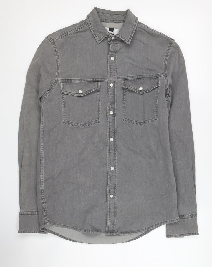 Topman Men's Grey Denim Button-Up Shirt XS