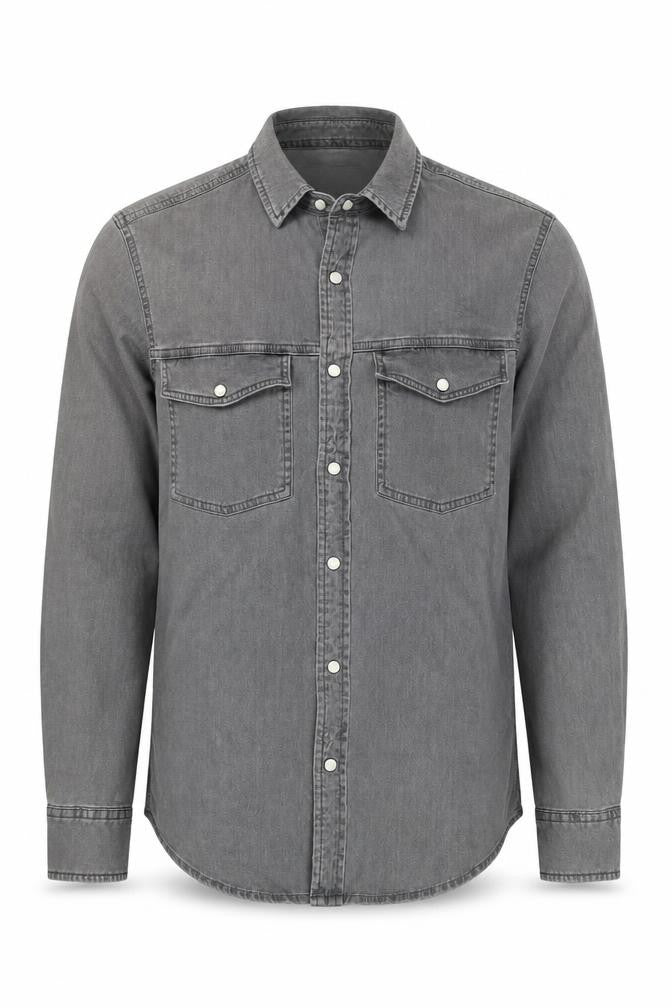 Front view of Topman Men's Grey Denim Button-Up Shirt XS