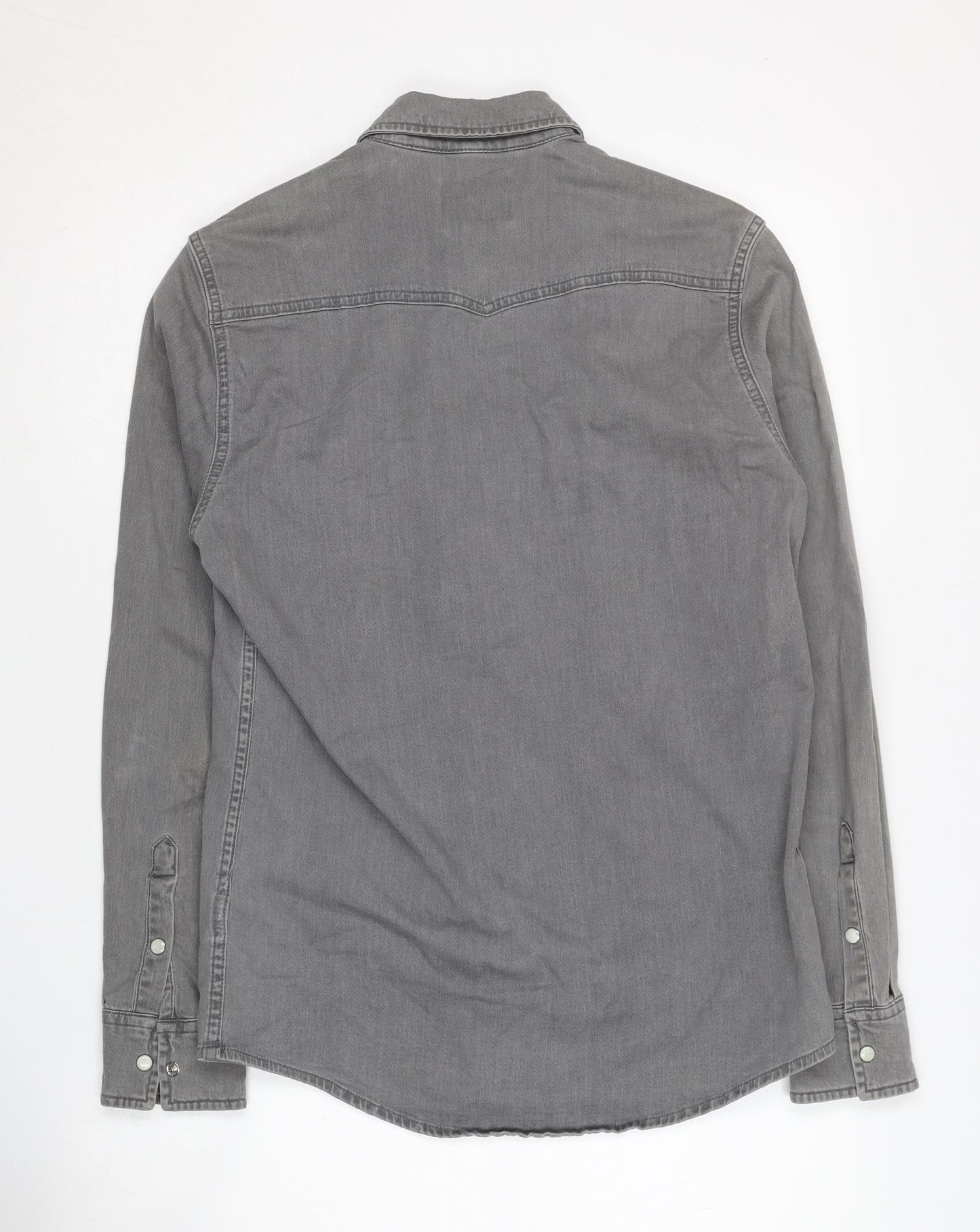 Topman Men's Grey Denim Button-Up Shirt XS