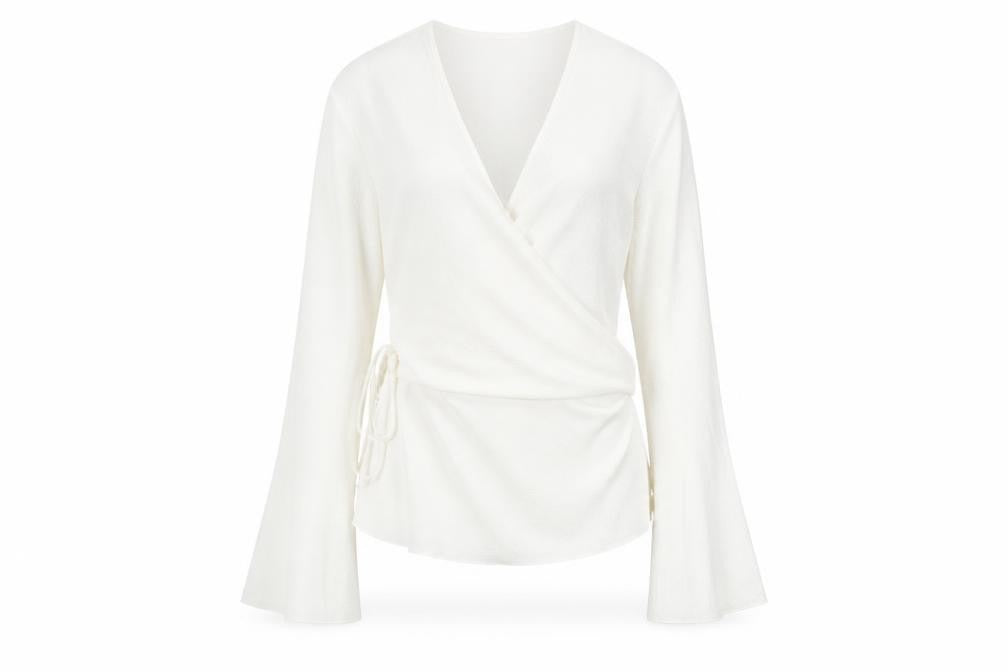 Front view of Jigsaw Women's White Wrap Top XS Kimono Sleeve