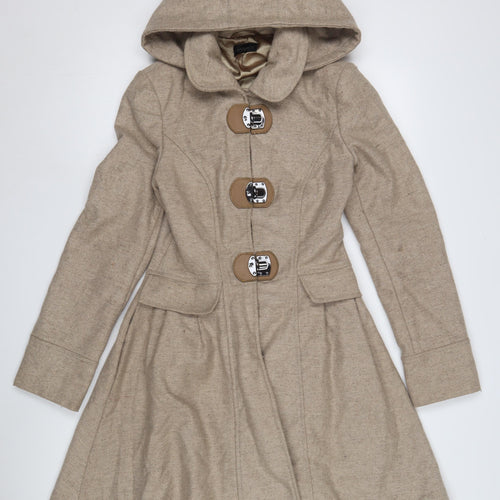 Topshop Women's Beige Hooded Coat Size 2 with Toggles