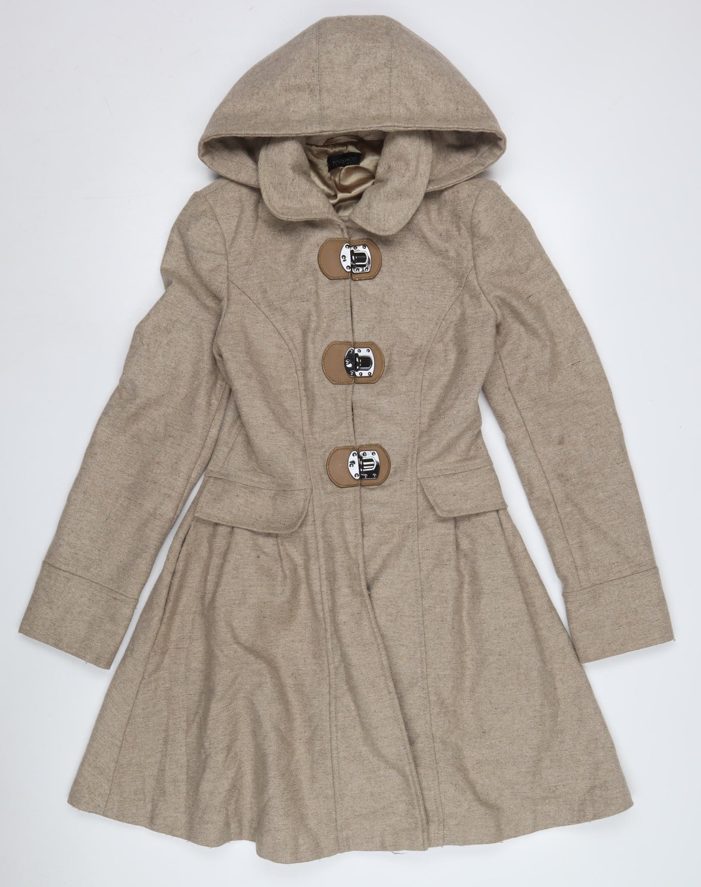 Topshop Women's Beige Hooded Coat Size 2 with Toggles