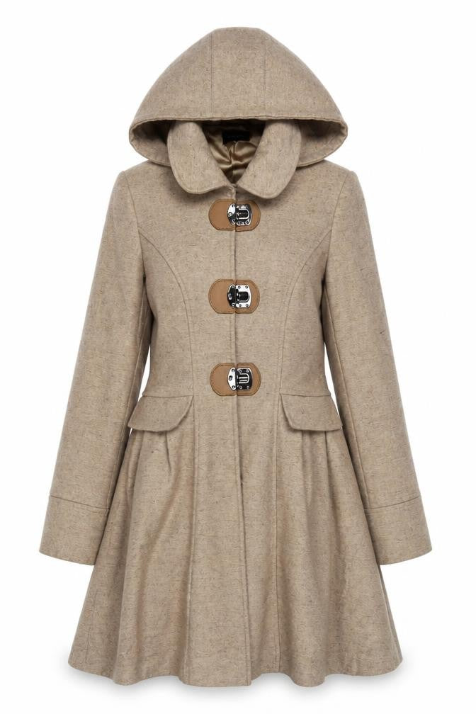 Front view of Topshop Women's Beige Hooded Coat, size 2, with Toggles