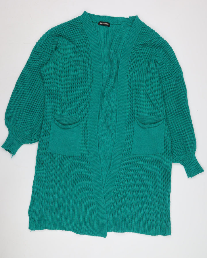 QED London Women's Green Open Front Cardigan Size 2 Chunky Knit