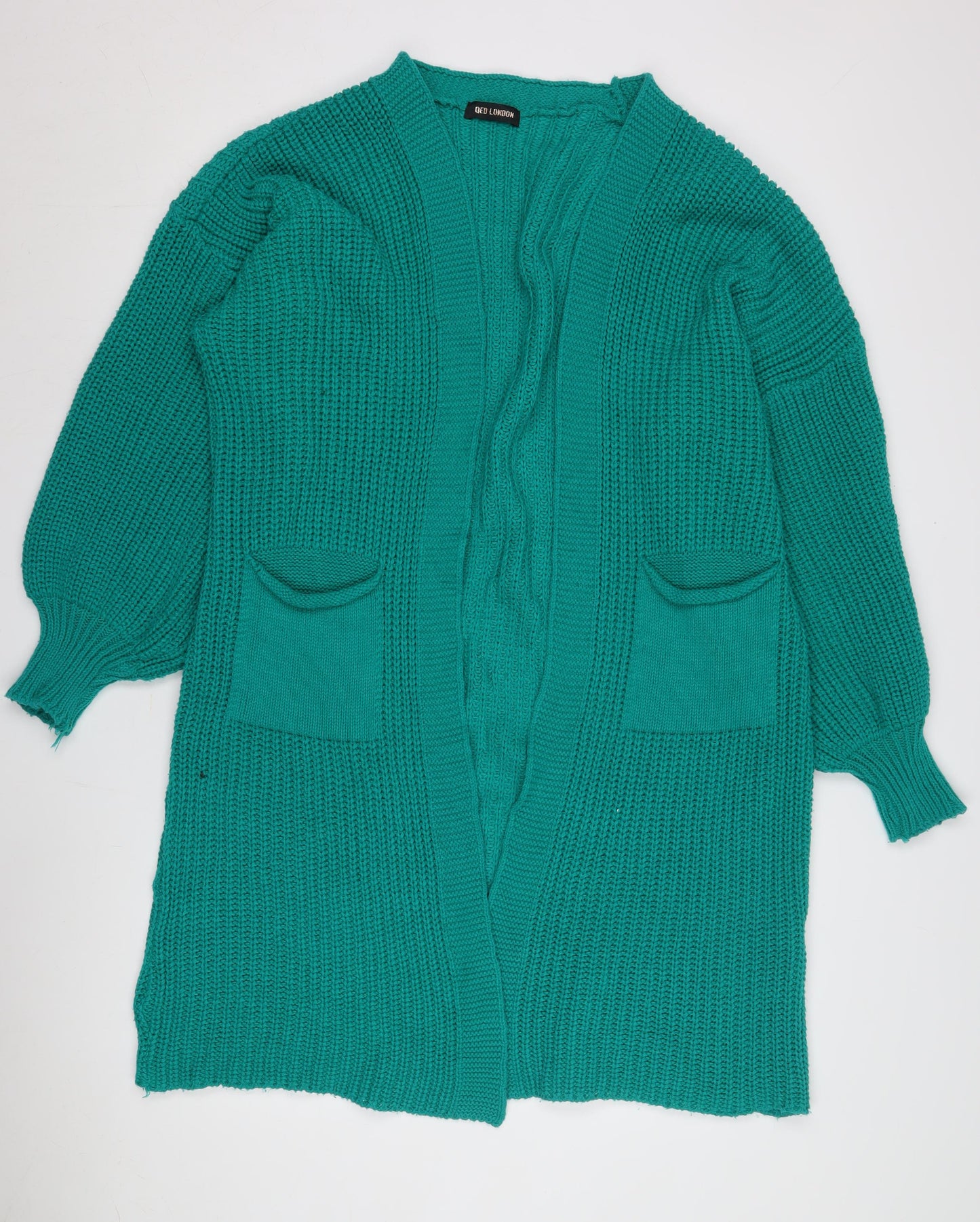 QED London Women's Green Open Front Cardigan Size 2 Chunky Knit