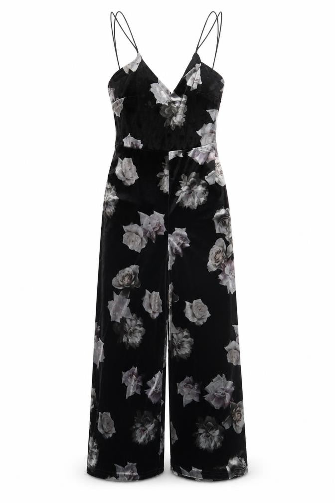 Front view of Nobody's Child Women's Black Floral Jumpsuit, size 8