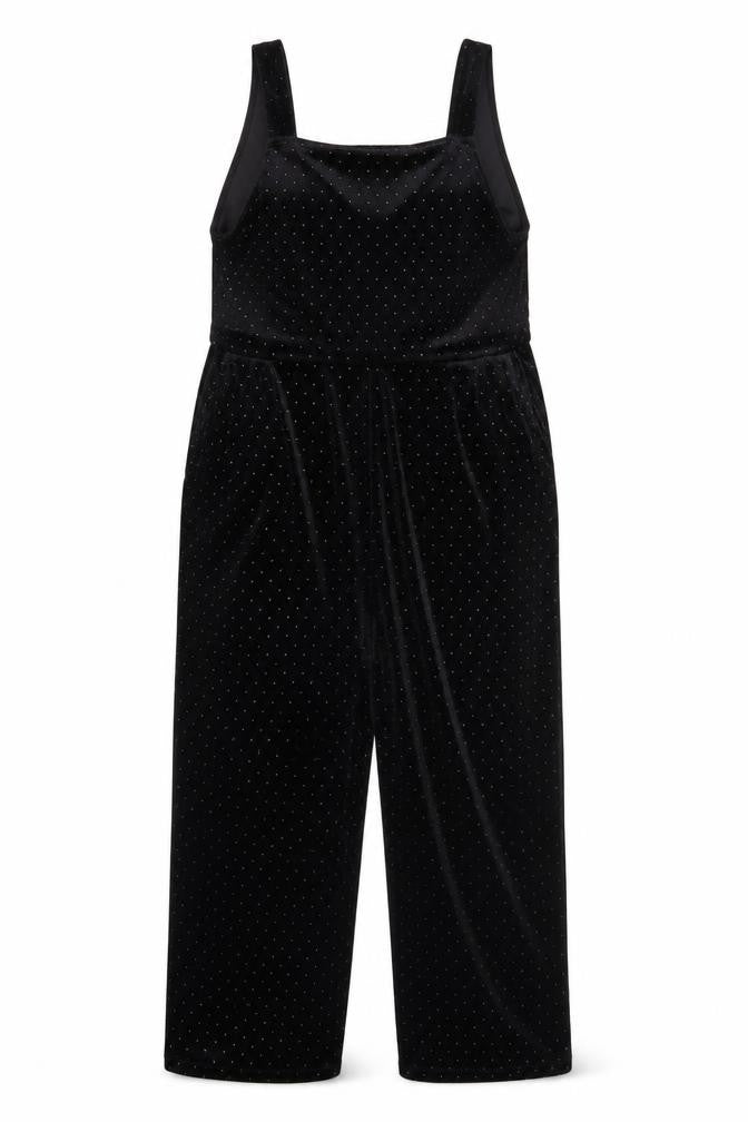 Front view of Monki Women's Black Polka Dot Velvet Jumpsuit M