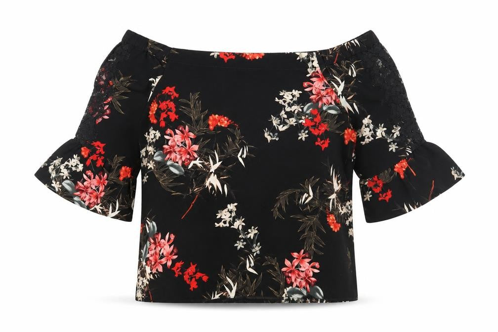 Miss Selfridge Women’s Black Floral Off Shoulder Top