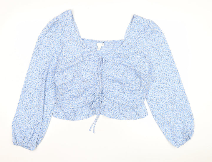 H&M Blue Floral Women's Cropped Blouse UK 8