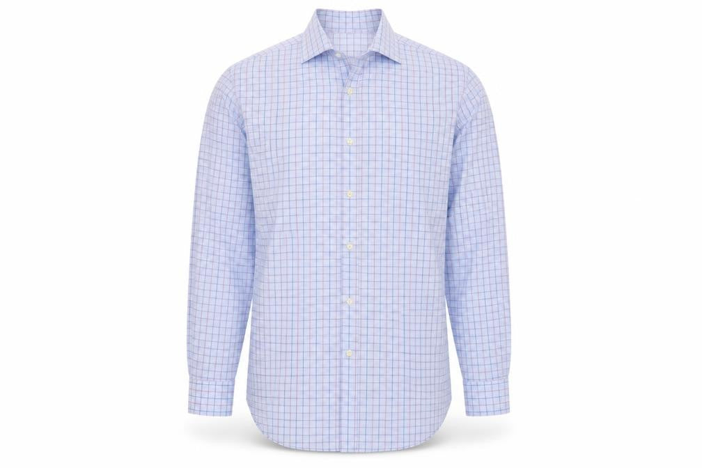 Front view of Brook Taverner Men's Blue Check Dress Shirt
