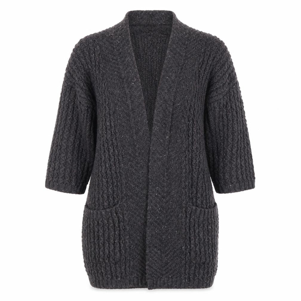 Front view of FatFace Women’s Grey Cable-Knit Open Front Cardigan