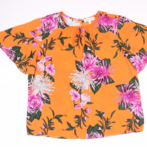 Warehouse Women’s Orange Floral Top, Size 12, Short Sleeve