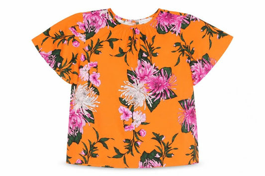 Front view of Warehouse Women’s Orange Floral Top, size UK 12, Short Sleeve