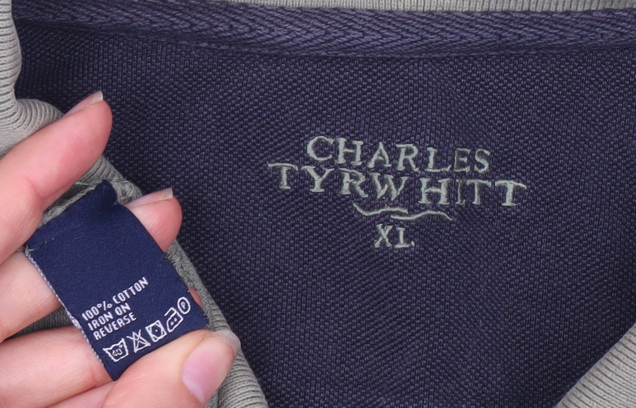 Charles Tyrwhitt Men's Green Striped Polo Shirt XL