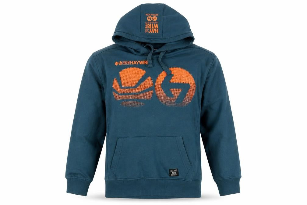 Front view of Haywire boys’ blue pullover hoodie - l, logo graphic