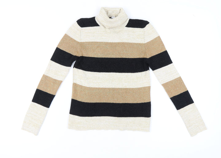 Isabella D. Women's Black Beige Striped Pullover Jumper S