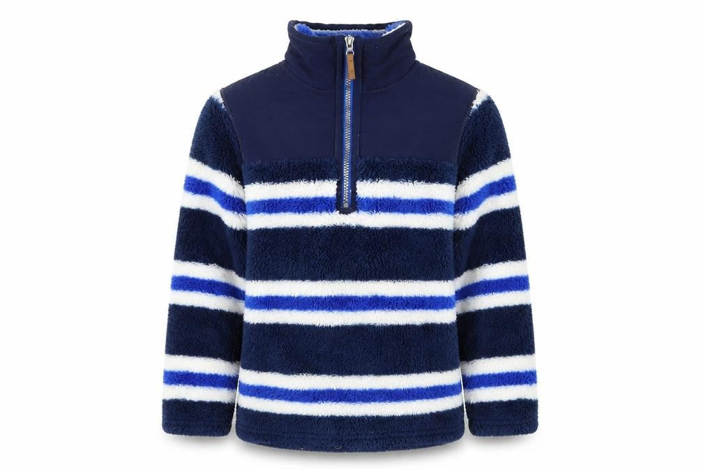 Front view of Joules girls’ blue striped pullover sweatshirt 5-6 years