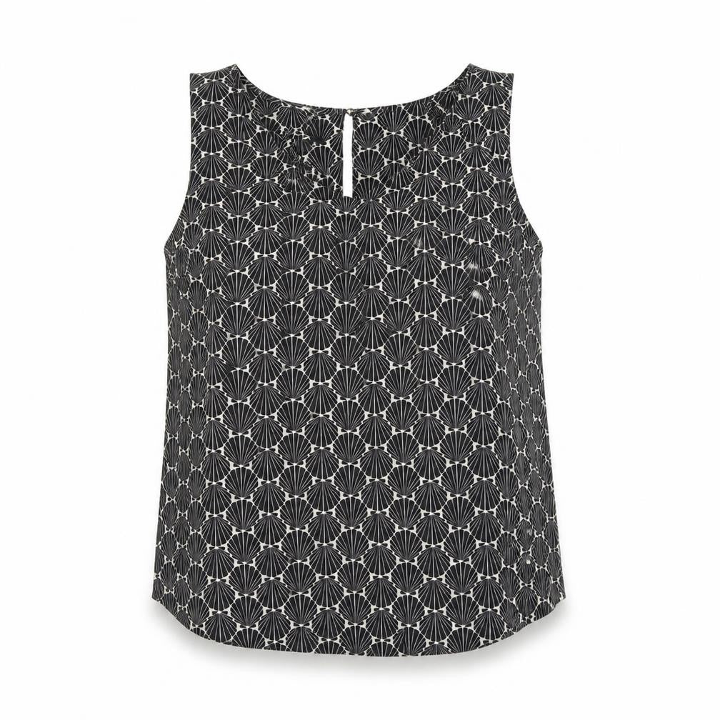 Front view of Oasis Women's Black Geometric Sleeveless Blouse, size 12