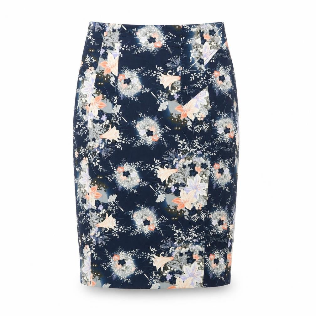 Front view of Oasis Women's Blue Floral Pencil Skirt, size 8