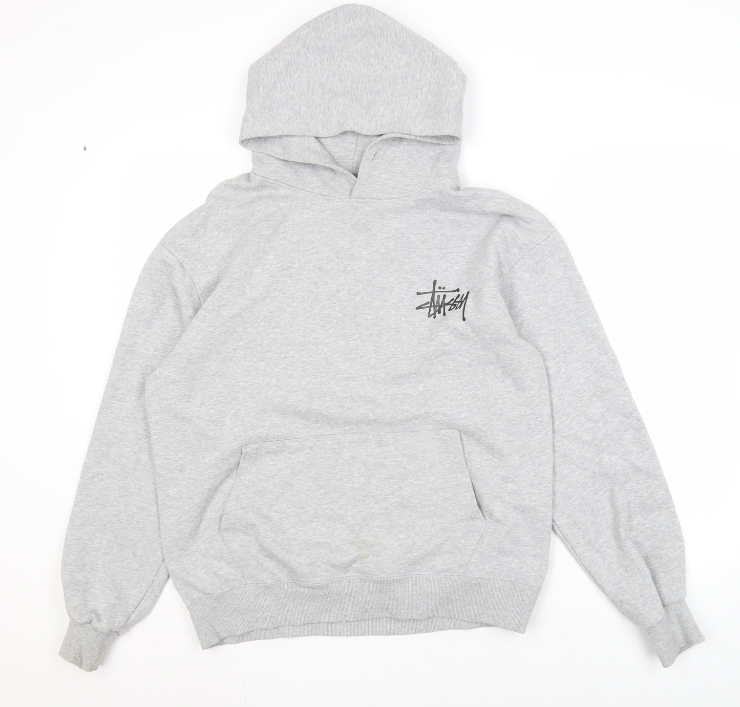 Stussy Men's Grey Pullover Hoodie, Size S, Logo Accent