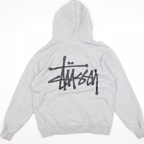 Stussy Men's Grey Pullover Hoodie, Size S, Logo Accent