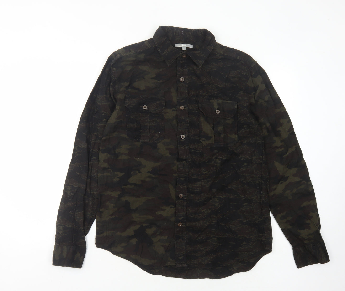 Uniqlo Men's Green Camouflage Button-Up Shirt M