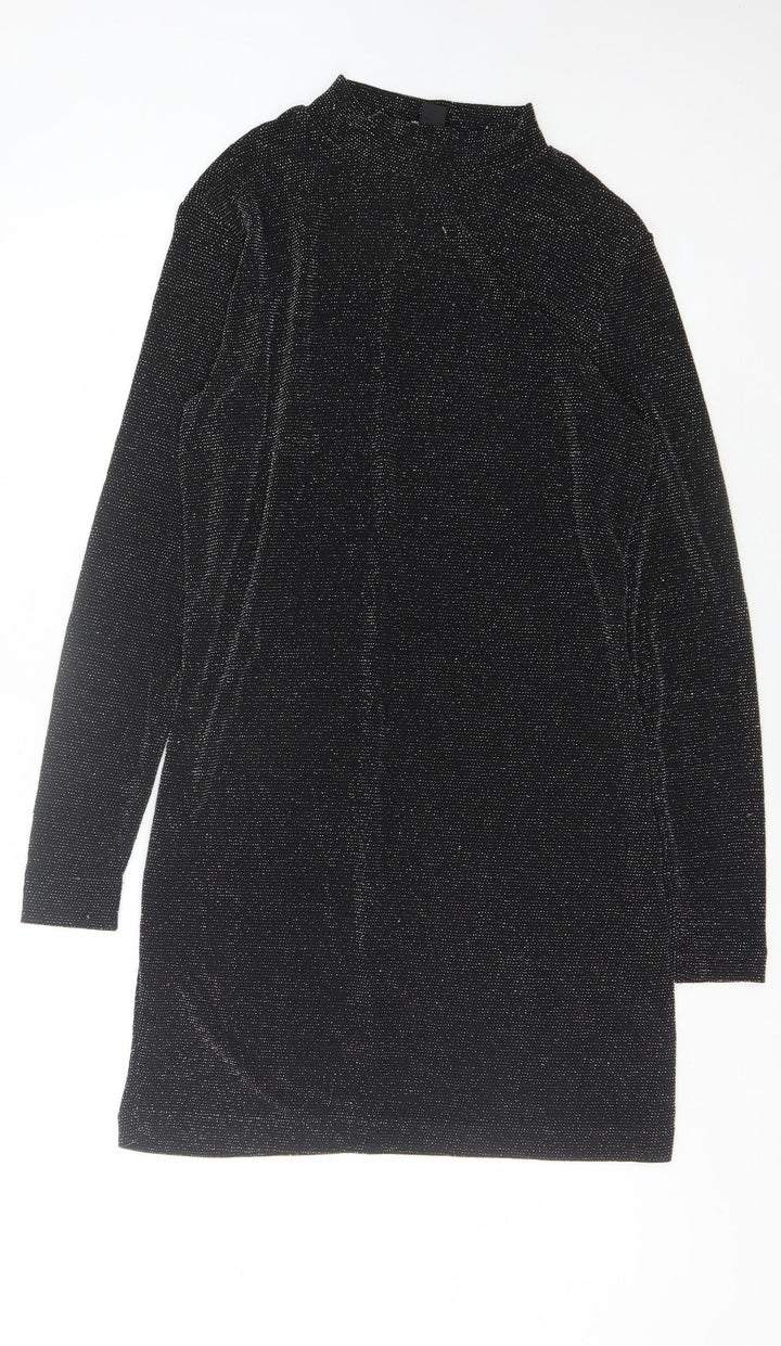 Monki Women's Black Glitter Dress L High Neck