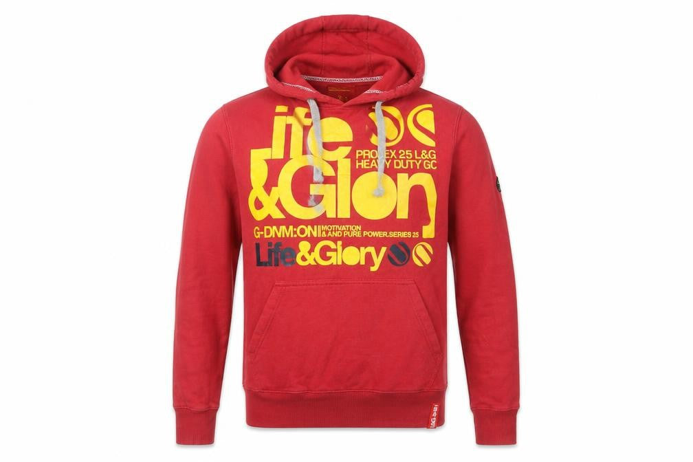 Front view of Life & Glory Men's Red XS Pullover Hoodie with Logo