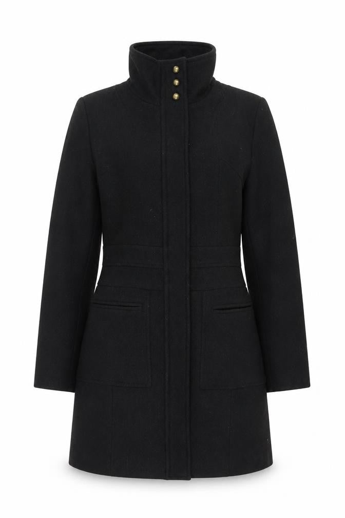 Front view of Miss Real Women's Black Military Style Wool Coat 10