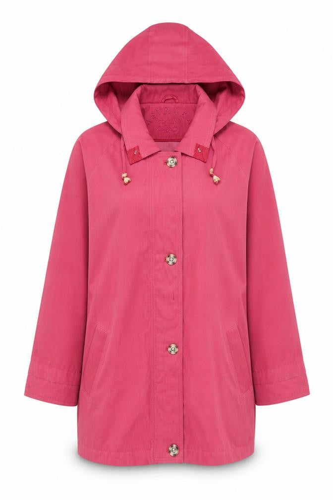 Front view of Astraka Women's Pink Hooded Rain Coat, size M