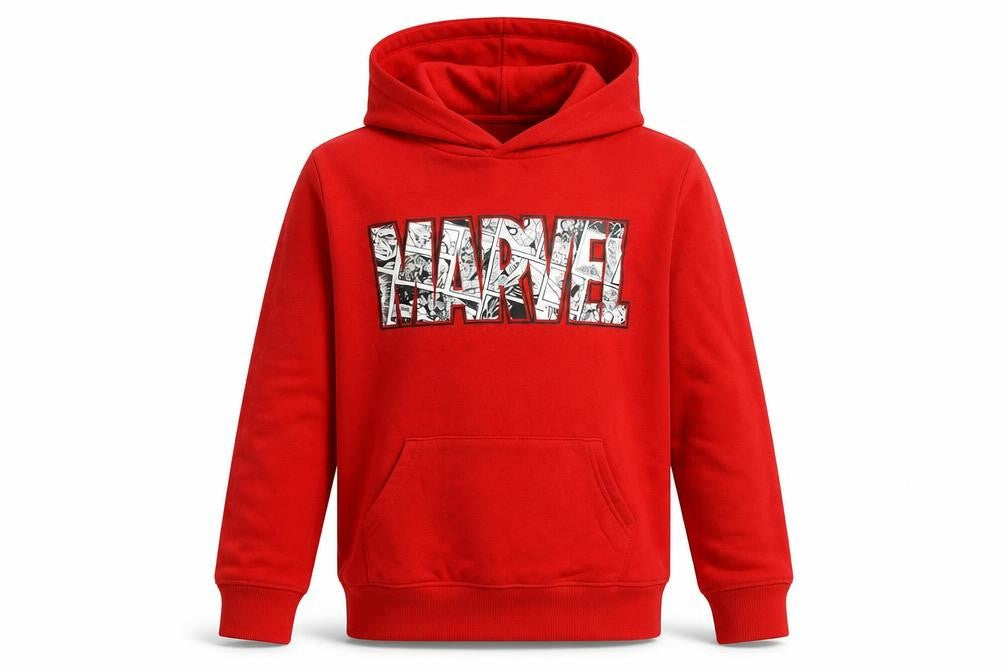 Front view of Marvel boys’ red graphic hoodie 11-12 years pullover style