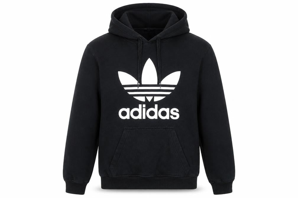 Front view of Adidas Men's Black Pullover Logo Hoodie, size S